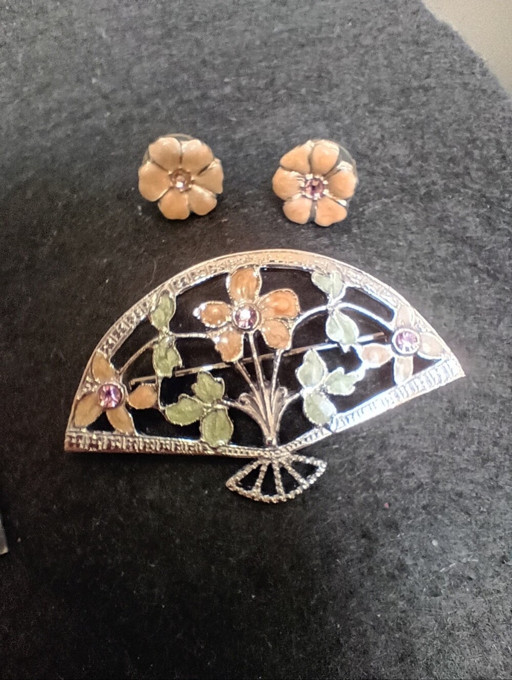 Floral Enamel Cloisonne Fan Brooch and Stud Earrings Set - Peach & Green